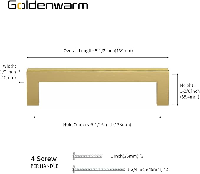 goldenwarm Brushed Brass Cabinet Handles Gold Kitchen Cabinet Pulls-LSJ12GD128 Bathroom Cabinet Hardware Modern Square Drawer Pulls 5" Hole Center 20 Pack