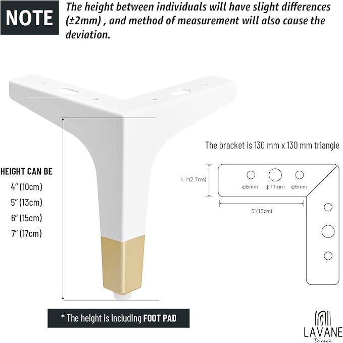 La Vane 4 Inch Metal Furniture Legs, Set of 4 - Modern Diamond Triangle White/Gold DIY Replacement Feet Corner Legs for Cabinet, Sofa, Sideboard, Couch, Dresser Makeover