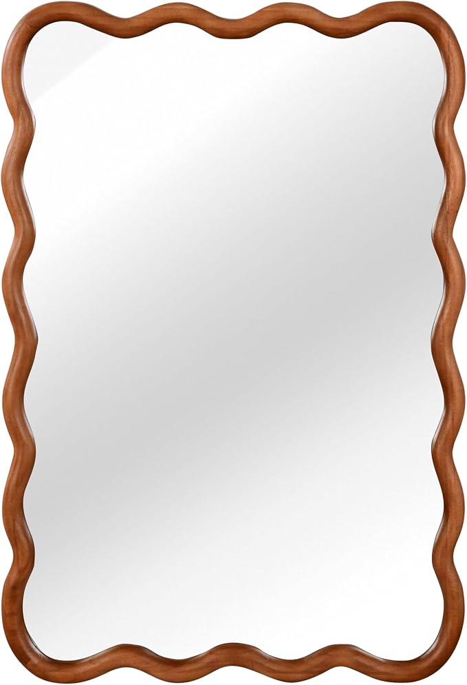 36x24 Inch Wooden Wavy Rectangle Wall Mirror, Modern Solid Wood Frame Decorative Accent Mirror for Bedroom, Bathroom, Living Room, Entryway, Yellowish Brown