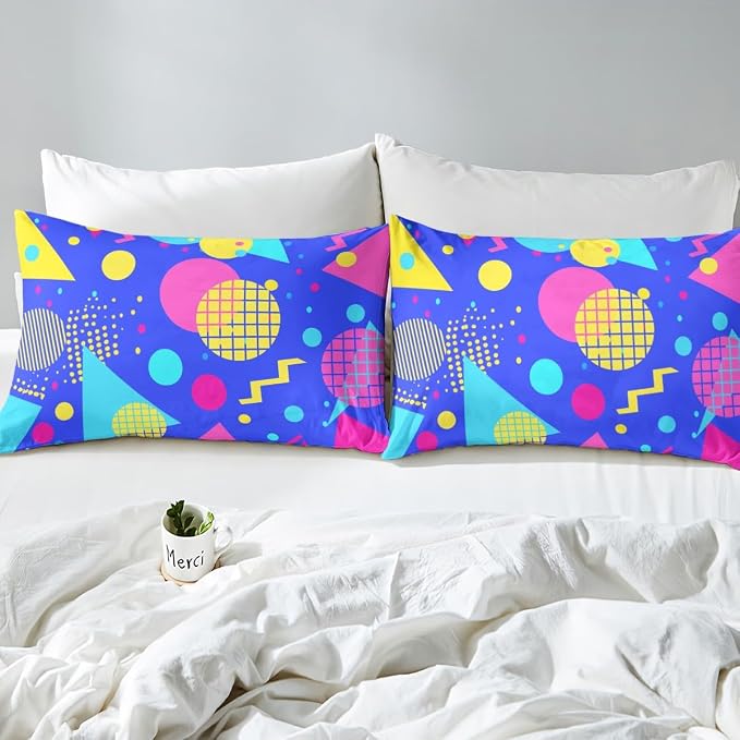 80s 90s Bedding Set Memphis Pattern Old Fashioned Comforter Cover King,Geometric Abstract Colorful Dots Funky Duvet Cover Retro Bed Set,Multicolor Vintage Rainbow 80'S Style 1980S Home Decor,Blue