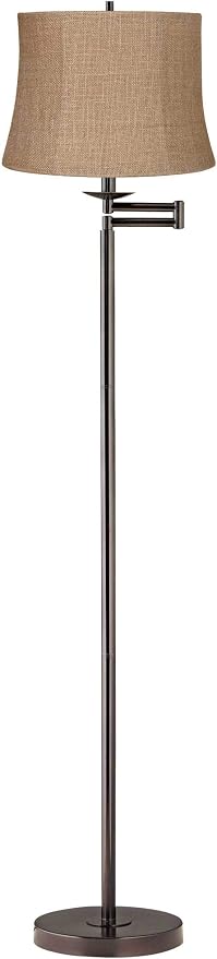 360 Lighting Modern Swing Arm Floor Lamp Standing 60 1/2" Tall Bronze Brown Adjustable Natural Burlap Fabric Drum Shade Decor for Living Room Reading House Bedroom Office