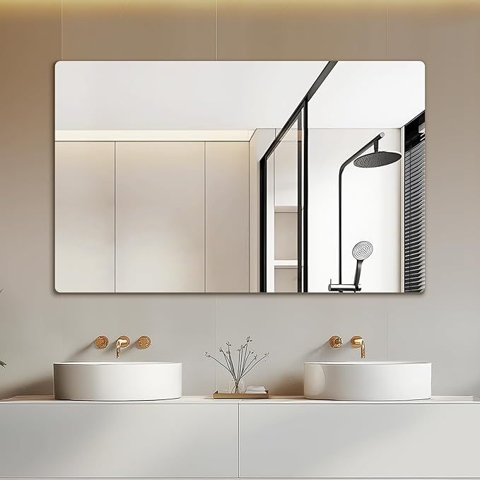 Mirrorons 48 x 30 Frameless Bathroom Mirror, Rounded Corner Bathroom Vanity Mirror, Modern Wall Mounted Vanity Mirror for Living Room, Bedroom, Bathroom, Entryway (Horizontal/Vertical)