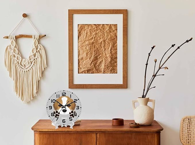 Dog Wall Clock 10 inch Round Dog Paw Silent Non Ticking Wood Wall Clocks Battery Operated Easy to Read Decorative Wall Clock for Bedroom Kitchen Living Room Bathroom