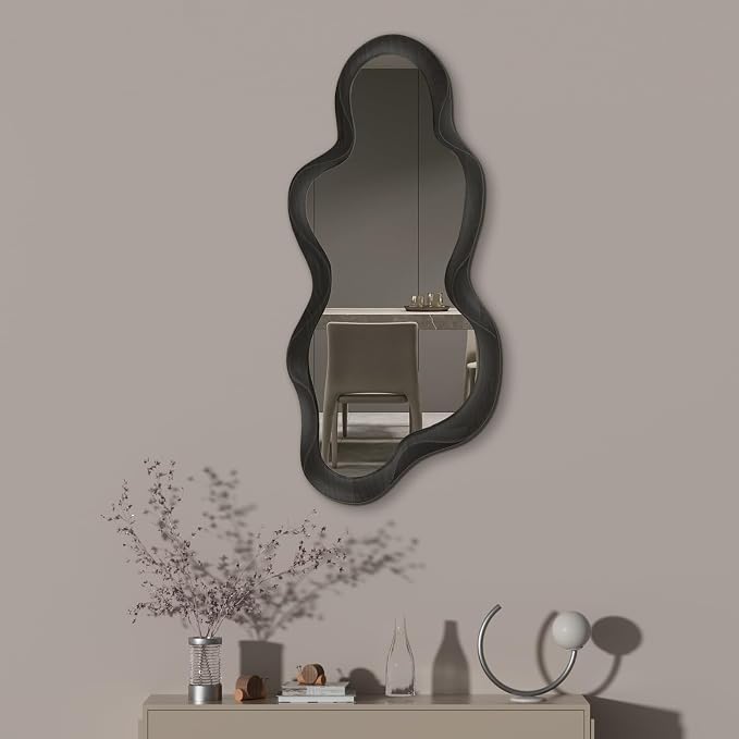 48"x 22" Irregular Wall Mirror, Wood Black Framed Wall Mirror, Asymmetrical Wall Wavy Mirror for Living Room Bedroom Entryway Bathroom Modern Decorative Mirror with Hanging Hooks