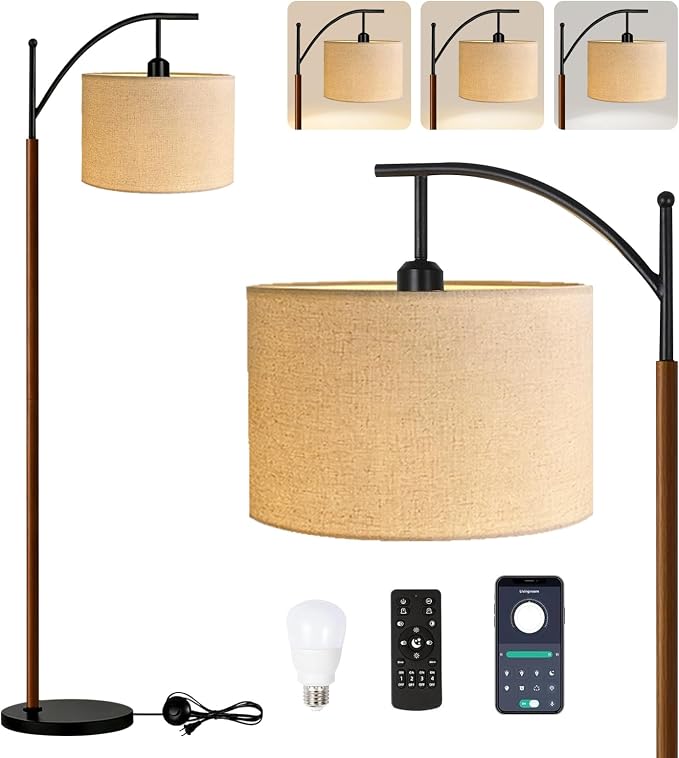 ILLMTW Arc Floor Lamp for Living Room,Bedroom,Vintage Mid Century Modern Standing Lamp with Remote Dimmable,Wood Boho Black Tall Lamp Fabric Lamp Shade Floor Lights Bohemian Tiffany Style