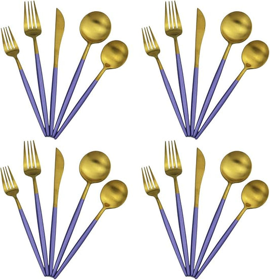 Gugrida 20-Piece 18/10 Stainless Steel Flatware Silverware, Luxury Dinnerware Set Travel Cutlery Tableware Include Knife Fork Spoon Service for 4, Dishwasher Safe (Purple Handle Matte Gold)