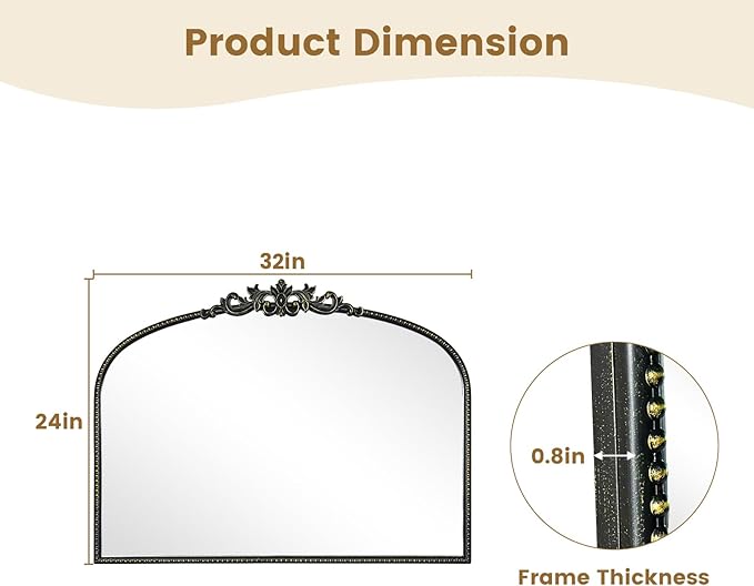 WallBeyond Black Vintage Mirror for Vanity 32x24 Inch, Black Antique Mirror with Ornate Frame, Arched Vintage Wall for Bathroom, Living Room, Fireplace, Entryway