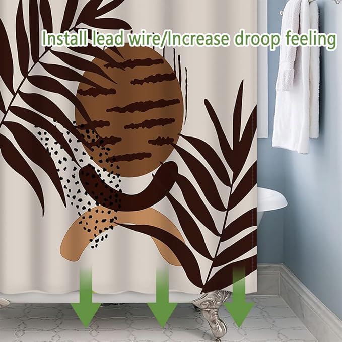 Mid Century Boho Shower Curtain 36x72 Inch Abstract Geometric Brown Plant Leaves Sun Modern Minimalist Shower Curtain for Bathroom Decoration with Hooks Waterproof Polyester Fabric