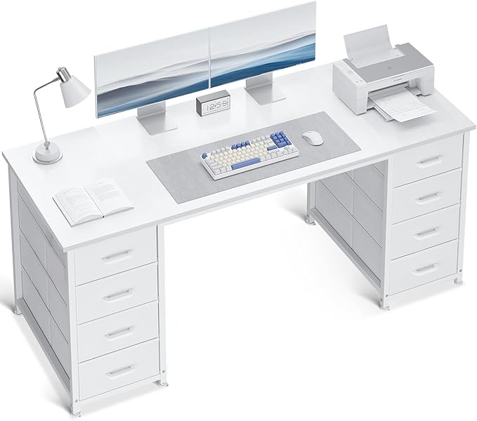 ODK 55 Inch Computer Desk with 8 Fabric Drawers, Modern Office Desk with Large Storage for Home Office, Study, Gaming, White