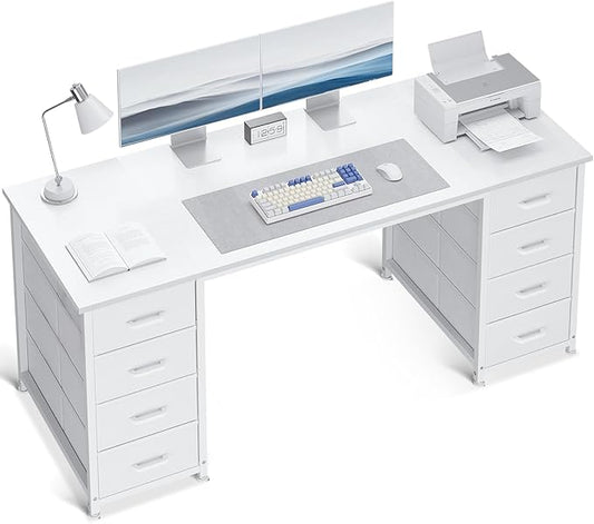 ODK 55 Inch Computer Desk with 8 Fabric Drawers, Modern Office Desk with Large Storage for Home Office, Study, Gaming, White
