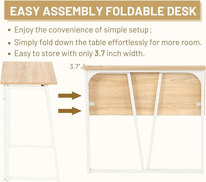 FurnitureR Folding Desk, 31.5 Inches Foldable Simple Laptop Table, Space Saving Computer Study Desk Compact Writing Workstation for Small Space, Light Oak