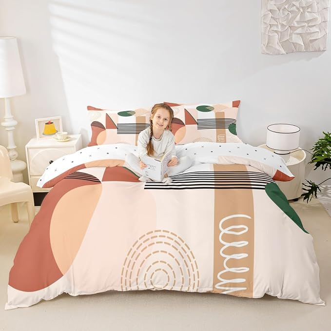 Erosebridal Red Brown Abstract Duvet Cover King Size for Kids Teens Girls | Colorful Geometric Comforter Cover Minimalist Circle Modern Bedding Set Boho Contemporary Aesthetic Bed Set