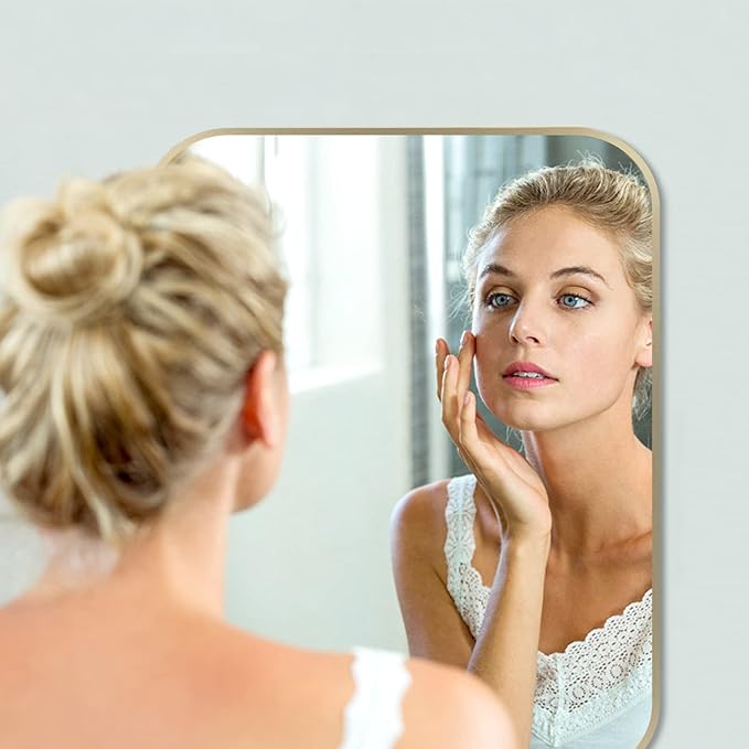 22x30 Inch Gold Bathroom Mirror, Brushed Gold Metal Framed Rectangular Mirror with Rounded Corner, Bathroom Vanity Mirror for Bedroom or Living Room, Horizontal/Vertical