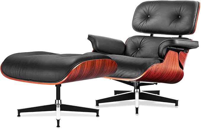 Top Black Grain Leather, Mid Century Chaise Lounge Chair and Ottoman, Modern Chair Classic Design, Red Rosewood, Heavy Duty Base Support for Living Room Study Lounge Office
