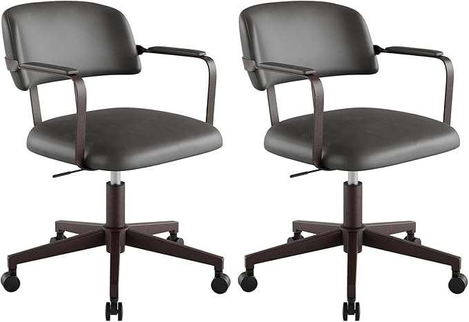 Home Office Desk Chair, Mid-Century Modern Desk Chair with Padded Arms, Adjustable Seat Height, Mid Back 360° Small Computer Chair with Mobile Mute Wheel, PU Leather (Dark Grey,2BOX)