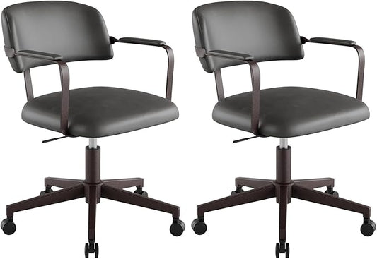 Home Office Desk Chair, Mid-Century Modern Desk Chair with Padded Arms, Adjustable Seat Height, Mid Back 360° Small Computer Chair with Mobile Mute Wheel, PU Leather (Dark Grey,2BOX)