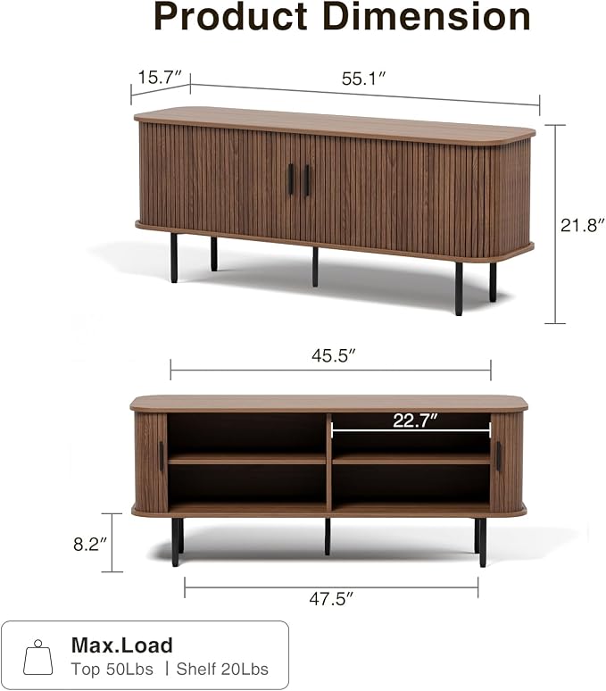 55''W Walnut Cabinet with Storage, Media Console, Tambour TV Stand, Television Stands with Curvy Edge; Sliding Door, Fluted Cabinet, Buffet Sideboard, Credenza, Table Stand for Living Room, Kitchen