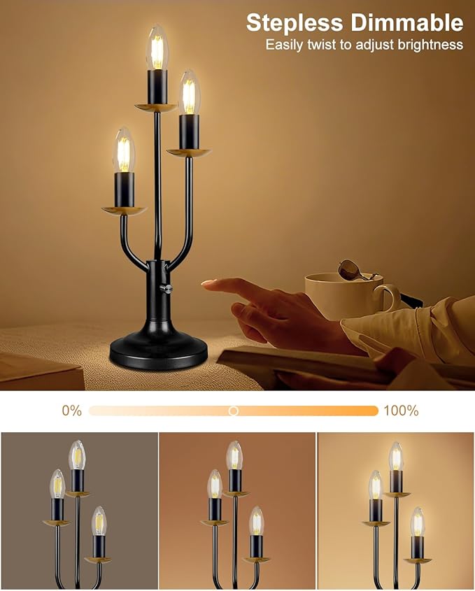 Lightdot Vintage Candle Table Lamp 3 - Light Candelabra Desk Lamp for Wedding/Party, 3000K Warm White Mid Century Nightstand Lamp Dimmable Bedside Lamps for Bedroom/Dining - Black