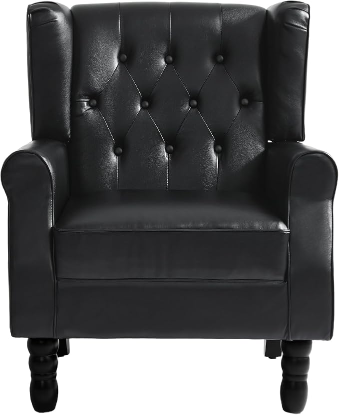 Faux Leather Accent Chairs Set of 2, High Back Upholstered Armchair for Living Room, Wingback Chair Comfy Single Sofa Bedroom Reading Seat with Solid Wood Legs - Black