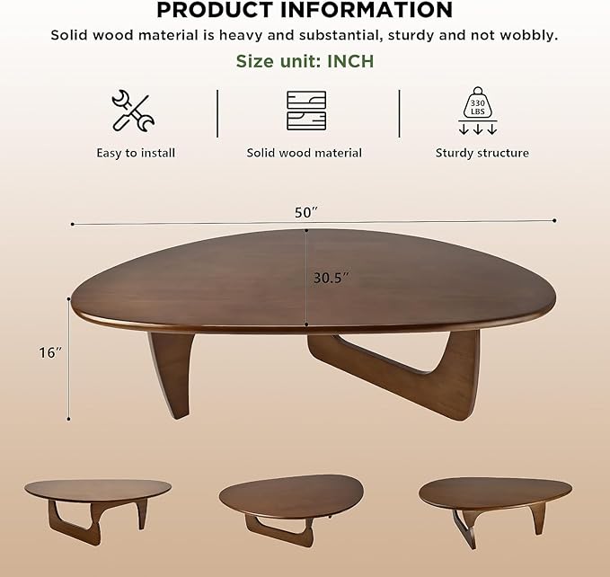 Solid Wood Triangle Coffee Table,Unique Mid Century Modern Oval Coffee Table,Irregular Geometric Tea Tables for Home Living Room with Wooden Tabletop and Reinforced Legs Walnut 50" L x 31" W x 16" H