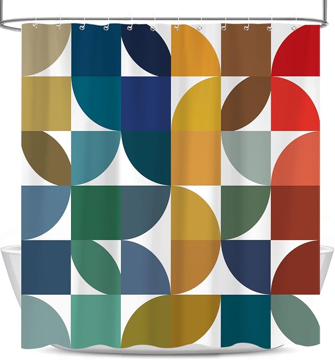 Colorful Mid Century Modern Shower Curtain, Boho Abstract Geometric Retro Art Shower Curtains for Bathroom, Rainbow Unique Cute Pattern Polyester Fabric Bathroom Set 12 Hooks 72X84IN