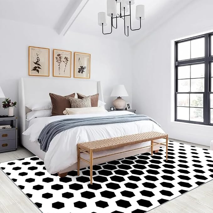 Modern Geometric Area Rugs, Black White Honeycomb Carpet, Washable Non Slip Low Pile Soft Rug for Living Room Bedroom Decor Mat 4x5ft