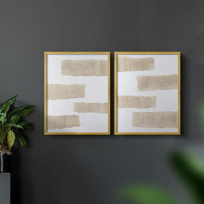 Renditions Gallery Set of 2 Peel & Stick Framed Prints, Modern Abstract Wall Art, Textured Brush Strokes Wall Decor, Re-Stickable - Ready to Hang - 16"x20" - GOLD Frame LT588