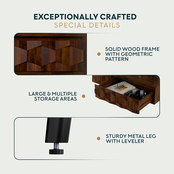 Bme Console Modern Mid-Century 2 Drawers, Unique Geometric Design Sofa Table for Entryway, Hallway, Living Room, Walnut