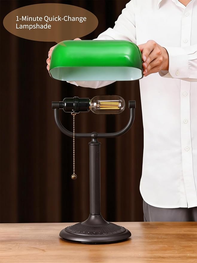 1-Minute Quick-Change Shade Antique Green Glass Bankers Desk Lamp for Study, Office, Library,LED Bulb Included
