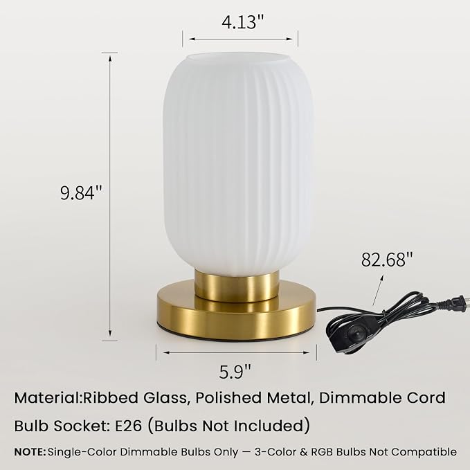 Glass Mid Century Table Lamp: 5.9" Milk White Ribbed Small Nightstand Bedside Vintage Desk Lamps - Cute Cozy Ambient Bedroom Night Lamp with Dimmable Plug in Cord - Modern e26 Grass Entryway Mcm Lamps