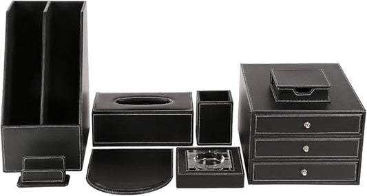 KINGFOM 8 PCS/SET Desk Organizers, Pu Leather Office & Home Desktop Decor Supplies Storage Box, Including Files Organizer Drawer, Memo Paper Holder, Tissue Holder and Mouse Pad etc (T03-Black)