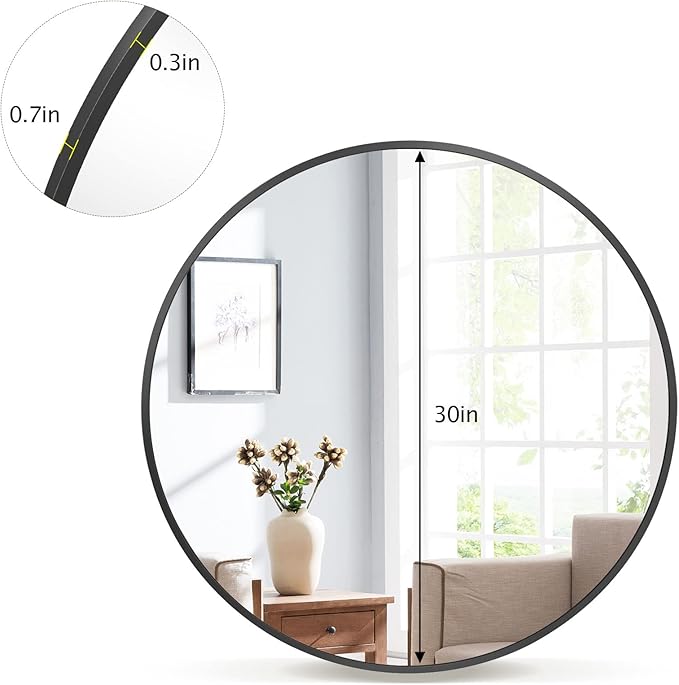 VooBang Round Mirror 28" Black Wall Mounted Circle Mirrors Vanity Mirror with Aluminum Alloy Frame Modern Decoration for Bathroom, Living Room, Vanity, Bedroom, Entryway