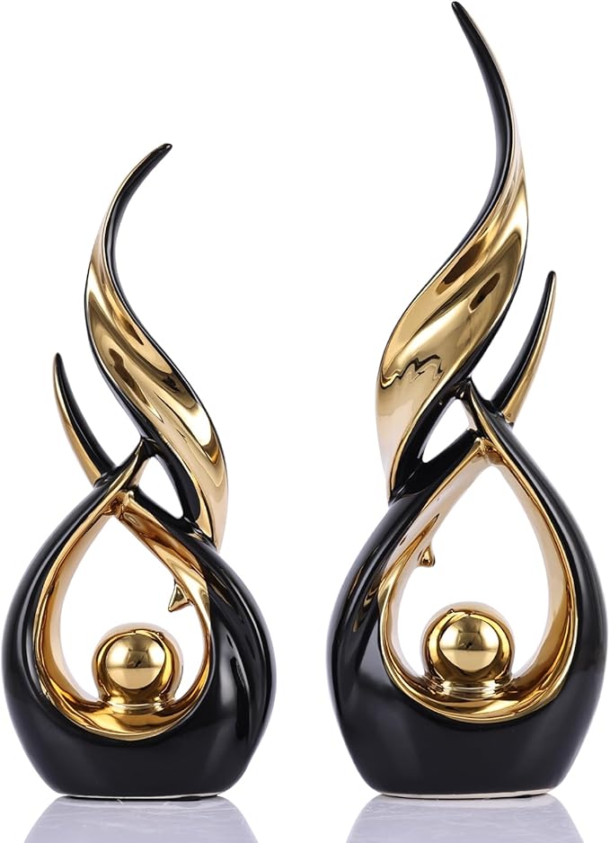 DOVDOV 2-Piece Abstract Black and Gold Home Decor, Ceramic Abstract Sculpture, Modern Artwork, Suitable for Room Coffee Table countertops, Office Bookshelves, Dining Table Centers, entryway Decor.