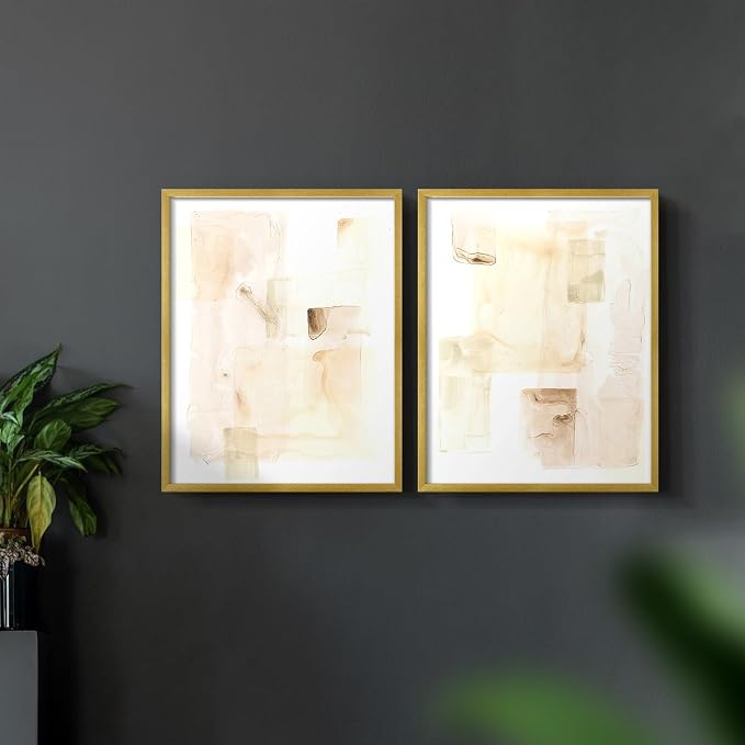 Renditions Gallery Set of 2 Peel & Stick Framed Prints, Abstract Wall Art, Mixed Handmade Oil Painting Wall Decor, Re-Stickable - Ready to Hang - 16"x20" - GOLD Frame LT588