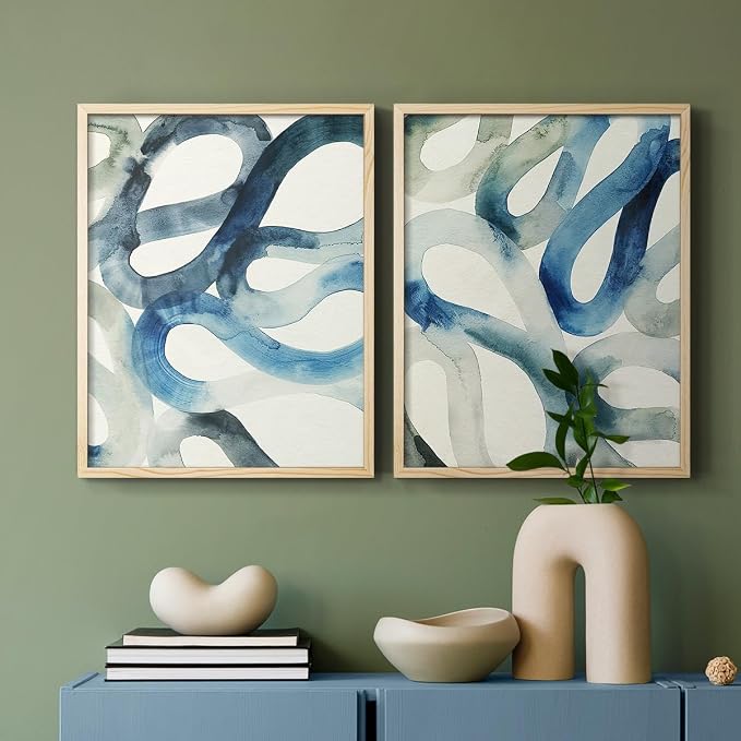 Renditions Gallery Set of 2 Peel & Stick Framed Prints, Watercolor Abstract Wall Art, Aquatic Water and Sand Strokes Wall Decor, Re-Stickable - Ready to Hang - 11"x14" - NATURAL WOOD Frame LT588