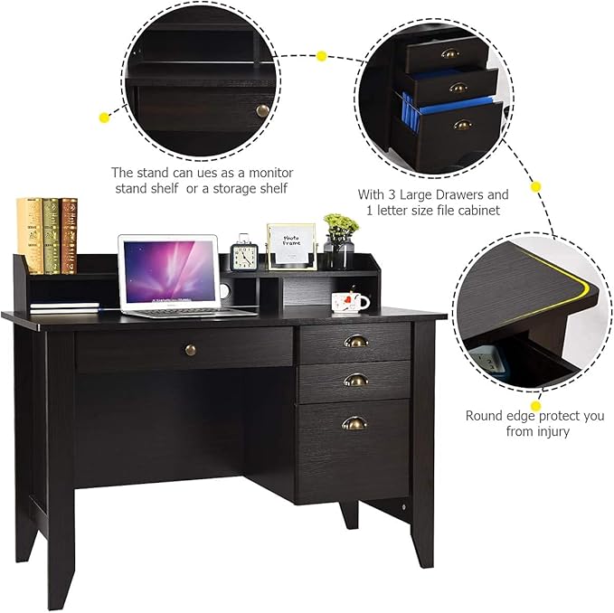 Catrimown Home Office Desk with Drawers and Hutch, Small Computer Desk with File Drawers, Writing Study Teens Student Desk for Bedroom, Student Girls Desks with Storage Shelves, Espresso Brown