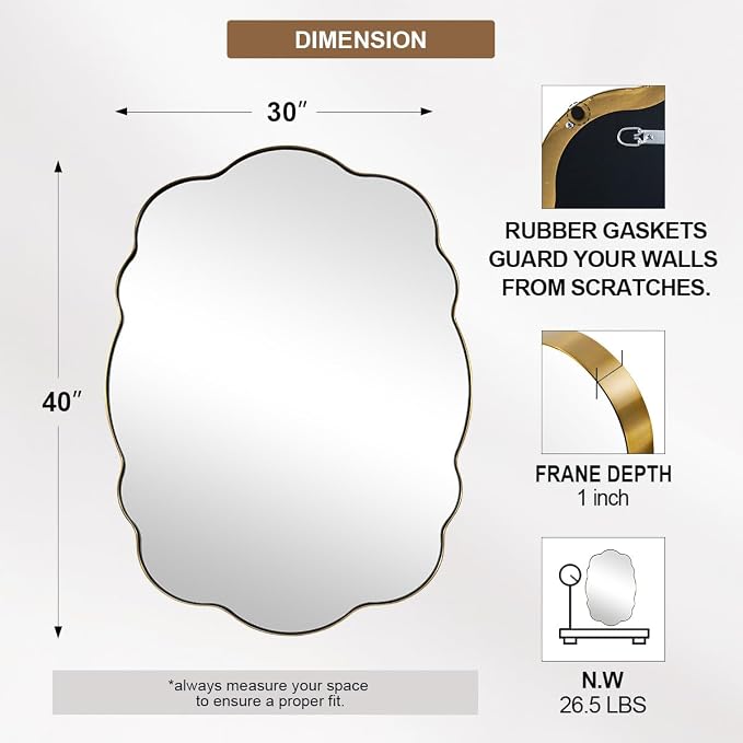ANDY STAR Wavy Oval Bathroom Mirror, 30x40 Inch Brushed Gold Scalloped Wall Mirror, Anti-Rust Brass Metal Mirror for Bathroom Hang Vertical or Horizontal