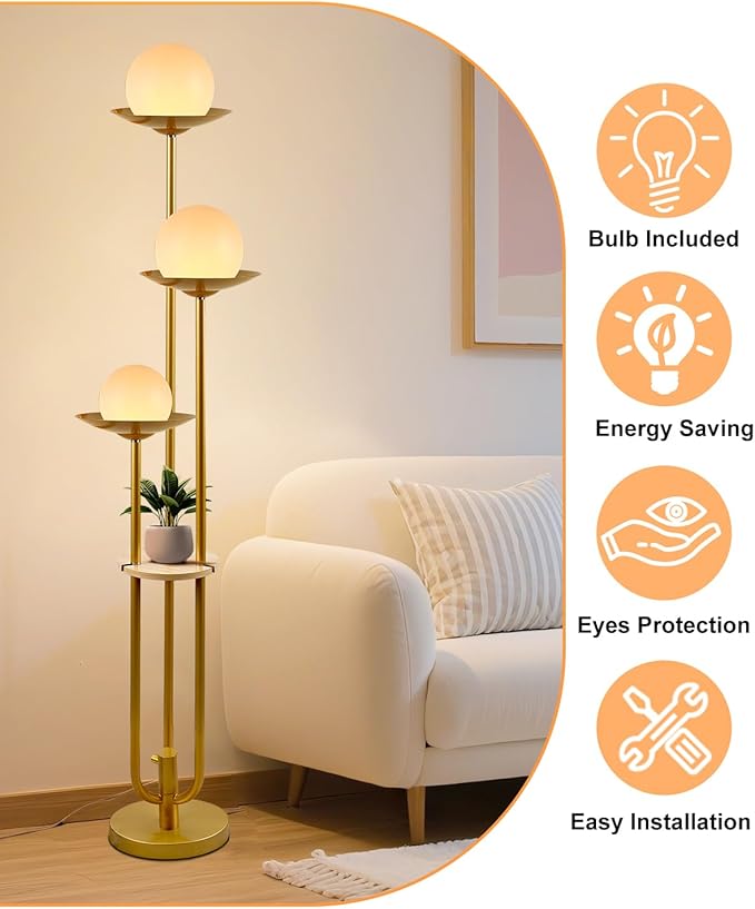 Lightdot 3-Light Globe Floor Lamp with Shelf Modern Dimmable Floor Lamps for Wedding/Party, 3000K Warm White Bulbs Included, Gold Tall Standing Lamp for Living Room/Bedroom/Sofa Beside/Corner Decor