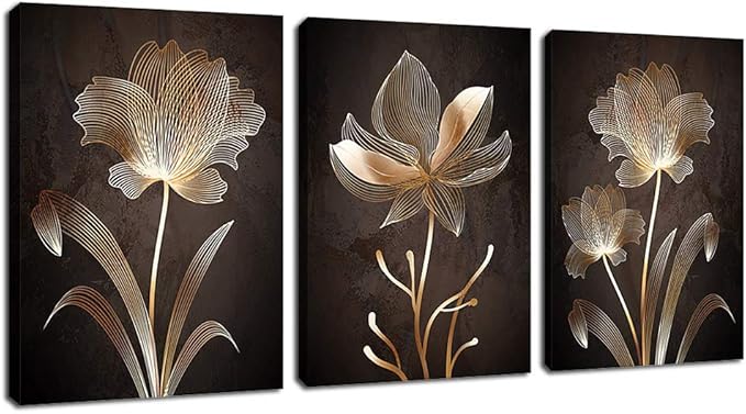 arteWOODS Abstract Wall Art Brown Flowers Canvas Pictures Contemporary Minimalism Abstract Flower Artwork for Bedroom Bathroom Living Room Wall Decor 12" x 16" x 3 Pieces