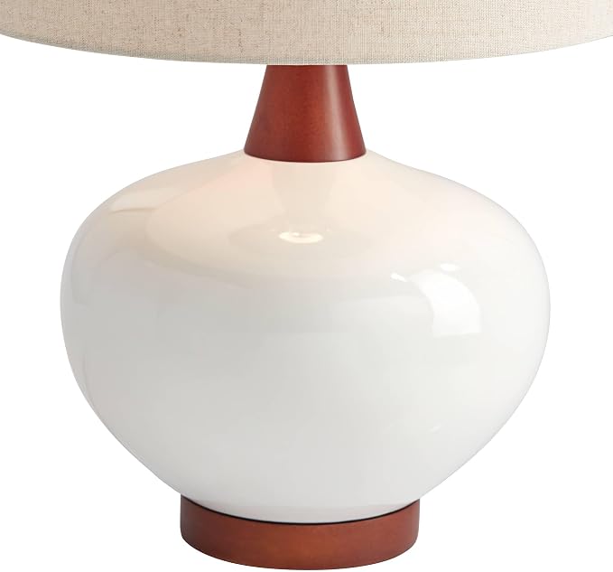 360 Lighting Brice Mid Century Modern Accent Table Lamp 23" High Ivory Ceramic Wood Neck Off White Tapered Drum Shade for Bedroom Living Room House Home Bedside Nightstand Office Family
