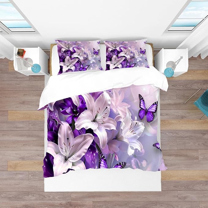 Purple Flowers Butterfly Duvet Cover Twin Size Graceful Purple Duvet Cover Set with Zipper Closure,Cute Floral Bedding Comforter Cover, 3 Pieces,Girls Duvet Cover 68"x88" and 2 Pillowcovers