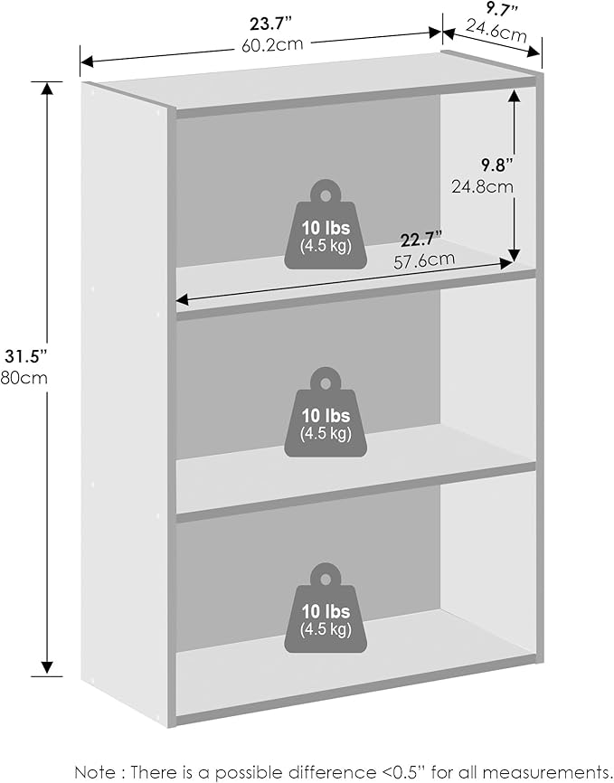 Furinno Simple Book Shelf, 3-Tier Bookshelf, Storage Shelves Bookcase, 9.7 x 23.7 x 31.5, for Living Room, Bedroom, Home Office, Americano
