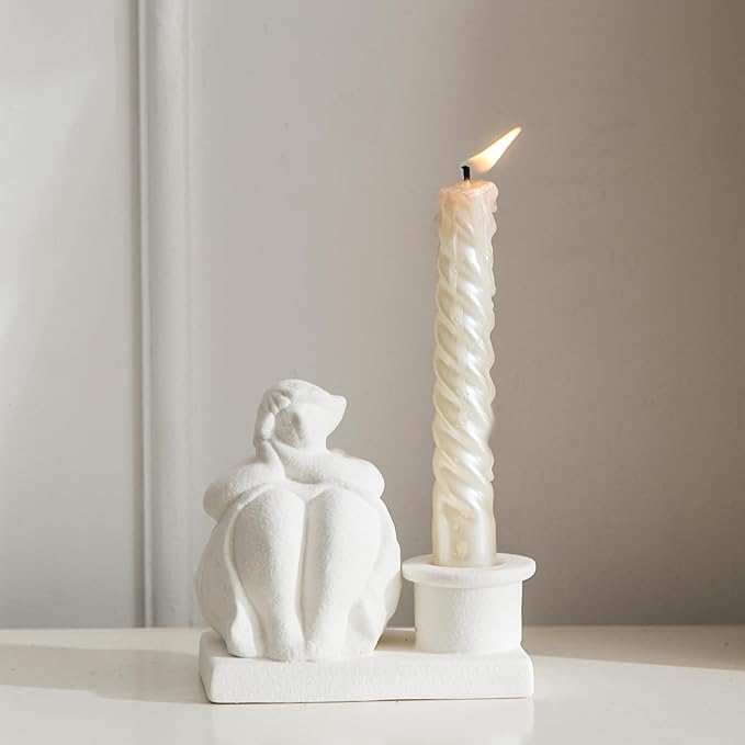 White Candle Holder, Handmade Ceramic Girl Candlestick Holders, Taper Candlelight Stand for Home Decor, Table Centerpiece and Coffee Table Decor