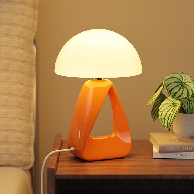Mushroom Lamp, Small Table Lamp for Bedroom, Creative Geometric Ceramic Base Bedside Lamp, Mid Century Modern Side Table Lamp for Living Room Nightstand, Unique Aesthetic Home Decor Gift Ideas, Orange