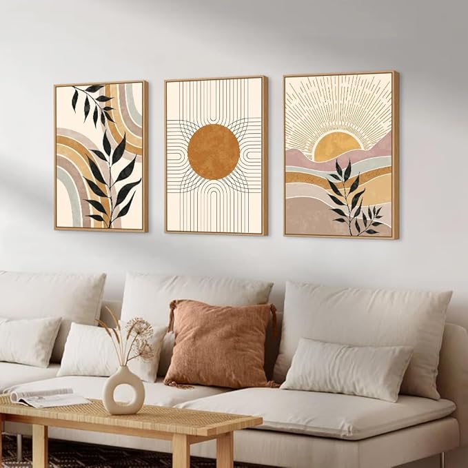 HPINUB Boho Framed Canvas Wall Art Prints, Set of 3 Mid Century Modern Wall Decor, Nature Plants Desert Sun Art Paintings, Bohemian Artwork for Living Room, Bedroom, Dining Room, Office - 16"x24"x3