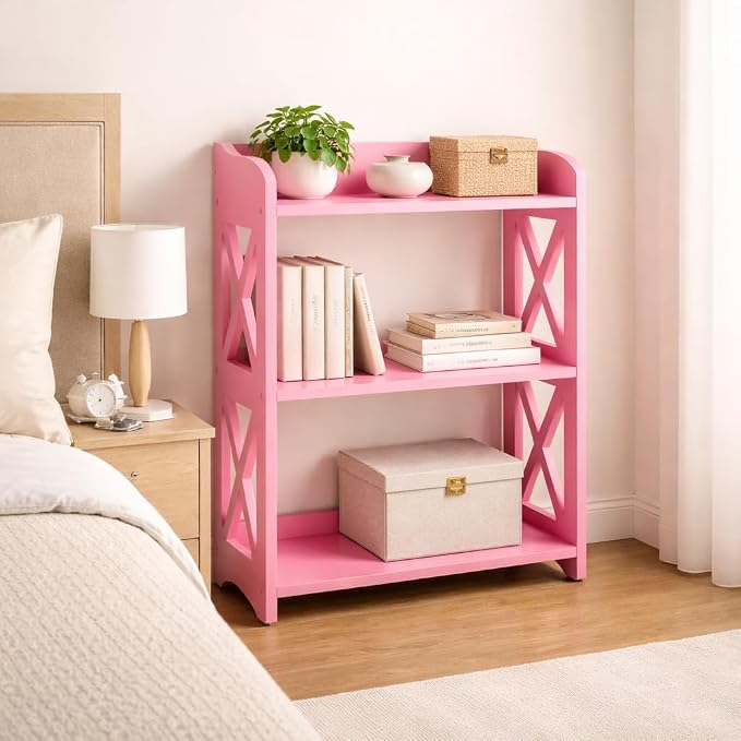 Pink Bookcase by Natural Wood, 3 Tier Bookshelf, Small Book Shelves Freestanding Display Storage Shelves. Open Bookshelf for Bedroom, Living Room and Office (Pink, 3 Tier)