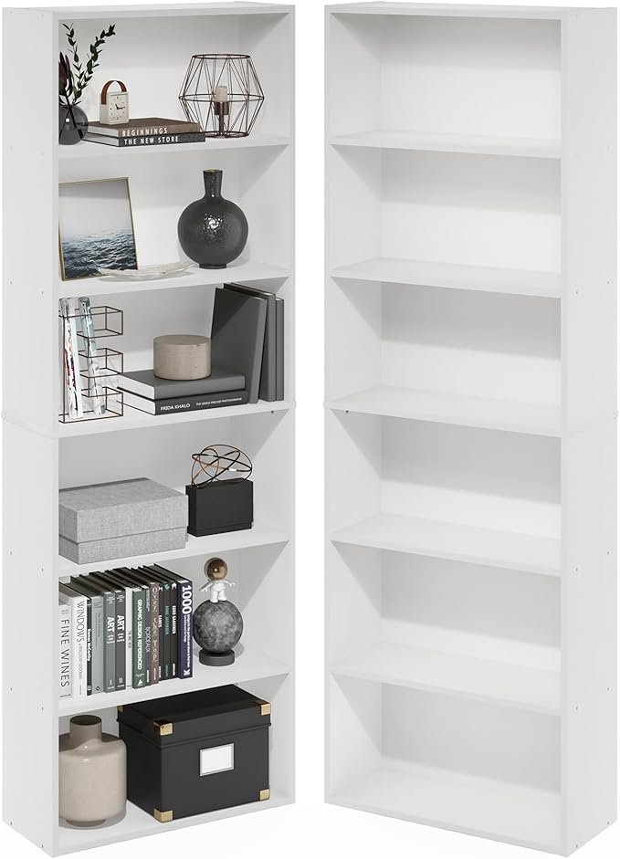 Furinno Jaya Book Shelf Set of 2, 6-Tier Bookshelf, Bookcase, 9.5 x 24.6 x 71, for Home Office, Living Room, White