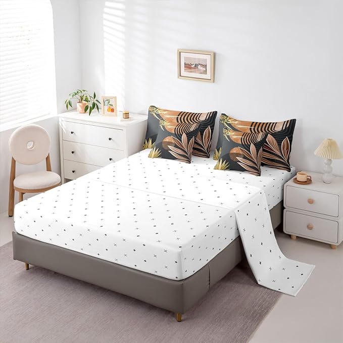 Erosebridal 7 Piece Boho Mid Century Bedding Sets Twin Modern Minimalist Simplistic Comforter Set,Retro Geometric Aesthetic Bed in a Bag Line Art Sheet Set with Comforter,Brown Black