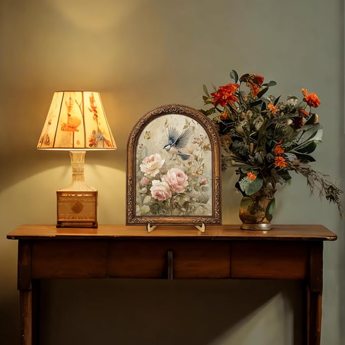 Vintage Floral Bird Oval Table Decor Sign Framed, Cottagecore Rose Floral Wall Art Sign, Retro Flower Bird Home Decor for Wall Bedroom Living Room Tabletop 8x10 Inch