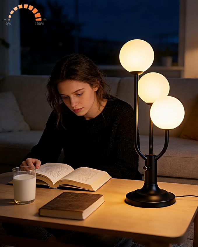 Lightdot Modern Black Globe Table Lamp Mid Century 3-Light Desk Lamp 3000K Warmwhite Dimmable Nightstand Lamp for Bedroom Bedside End Table(G9 Bulb Included)